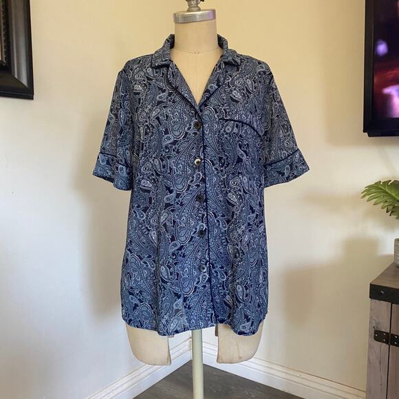 Michael Kors Blue Floral Women's Shortsleeve Button-up  Blouse Medium - Picture 1 of 7